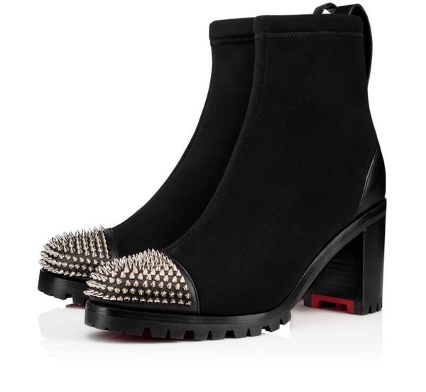 

зима известные женщины red bottom ботильоны блеклый черный теленок неопрена коренастый пятки леди прохладный моды мартин сапоги мотоцикла co, Black