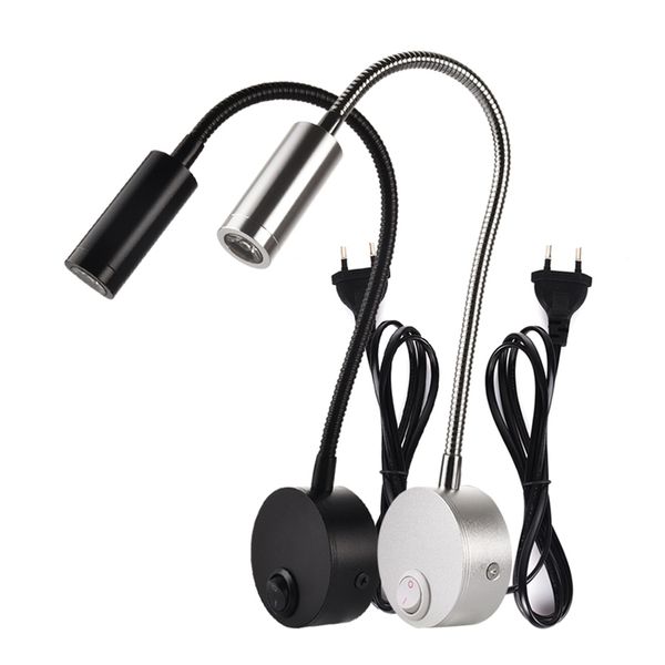 

3w led wall lamps children reading lamp bedside lighting ac90-260v aluminum 360 degree rotating + switch and eu us plug 1022