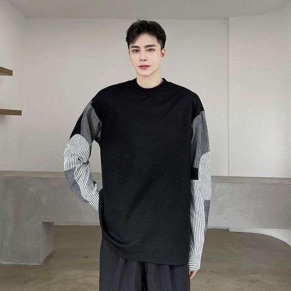 

hoodies early spring korean stripe contrast color patchwork round neck sweatshirts for men fashionable long sleeve pullover, Black
