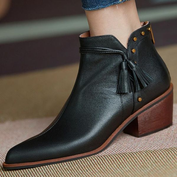 

women's genuine leather thick med heel autumn ankle boots fringe rivet gradient color retro short booties pointed toe shoes sale, Black