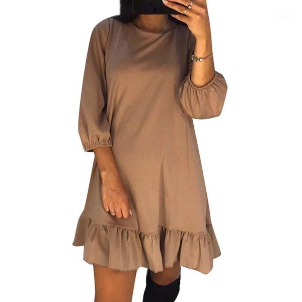 

women's fashion short lantern sleeves o-neck ruffled dress 2020 new spring autumn ladies solid color loose slim fit casual dress1, White;black