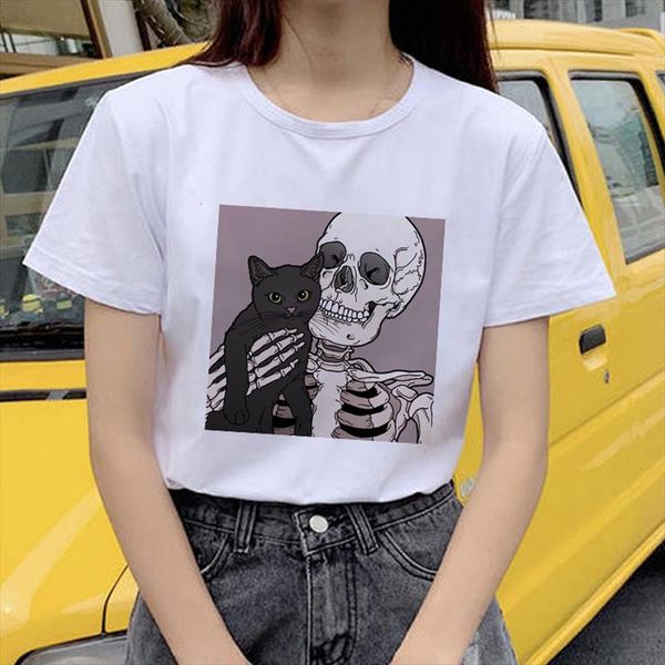 

horro skull and cute cat femal tshirt cartoon tees kawaii t shirt women harajuku short sleeve fun ulzzang t shirt, White