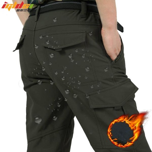 

men's fleece tactical pants winter warm cargo pant military softshell work trousers shark skin thick warm waterproof pants m-4xl 201125, Black