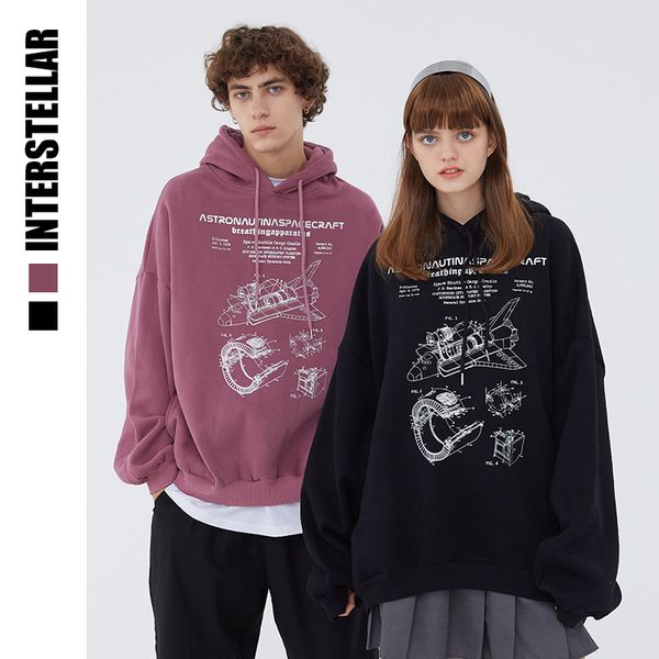 

interstellar mens womens thick fleece spaceship letters printing white hooded hoodies thick velvet fabrics spring autumn h c0127, Black