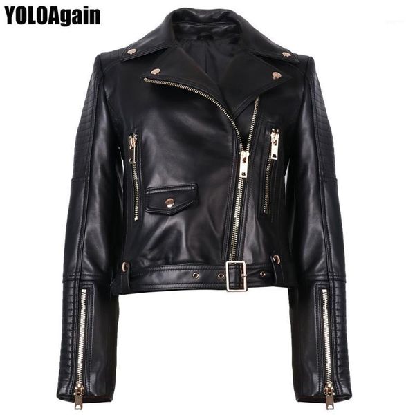 

yoloagain women genunie leather jacket1, Black