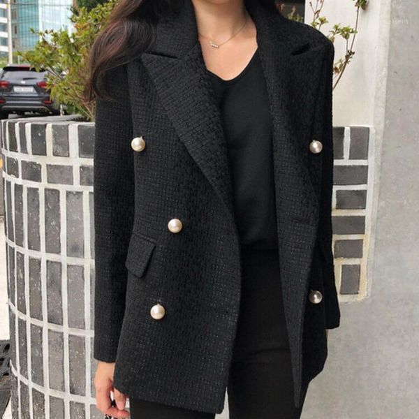

ewq] 2020 winter female casual turn down collar pearl long-sleeved minimalist solid color short cardigan overcoat 8q1921, Black
