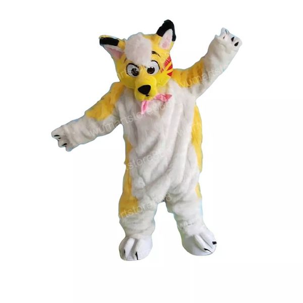 Giallo a pelo lungo Husky Fox Dog Mascotte Costumi Halloween Fancy Party Dress Personaggio dei cartoni animati Carnevale Natale Pasqua Pubblicità Festa di compleanno Costume Outfit