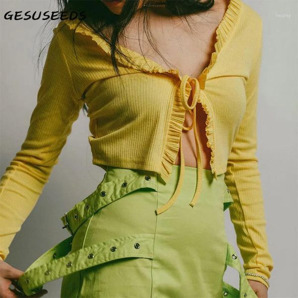 

fall 2020 women cropped cardigan knitted slim sweater vintage long sleeve women v neck sweater ruffle yellow cardigan purple1, White