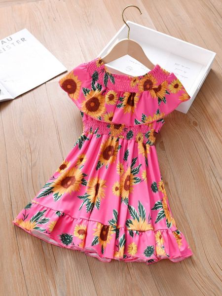 

toddler girls floral print shirred ruffle hem dress she, Red;yellow
