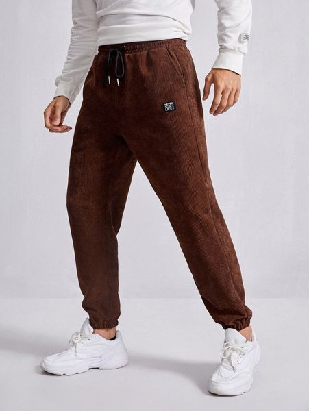 

men drawstring waist patched cord pants f9tp#, Black