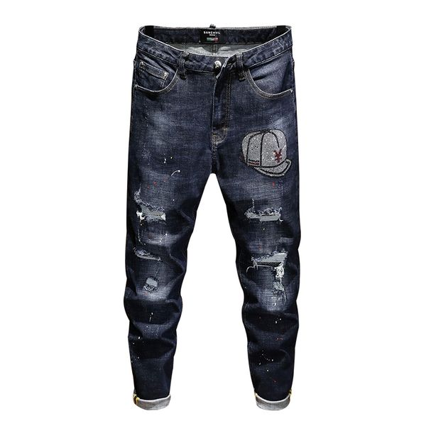 

2021 new brem ripped for men elastic paint thin pants hip cotton winter blue spring gray meqo