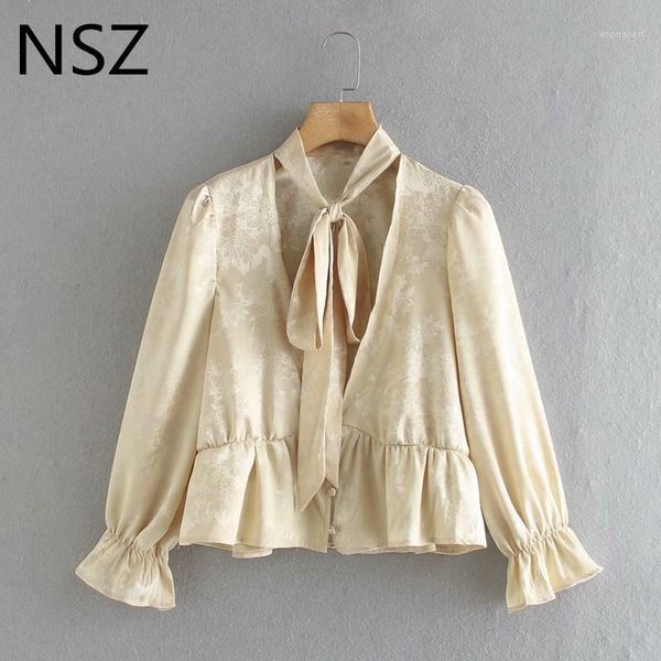 

nsz women jacquard satin crop deep v neck bow tied cropped blouse ruffles hem fashion party shirt fall clothes blusa camsia1, White