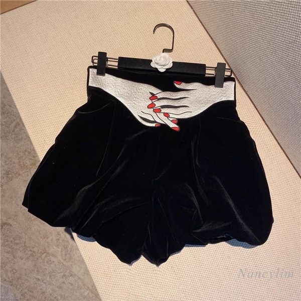 

autumn retro velvet lantern fashion womens shorts hand embroidery design high waist wear short, White;black