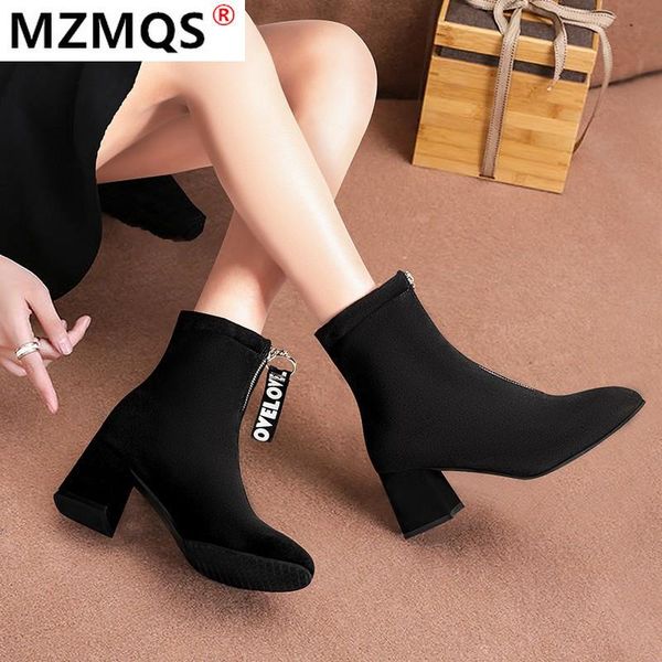 

2020 new fashion women's boots suede zipper boots shoes woman high-heeled thick bottom women's pointed ankle botas mujer, Black