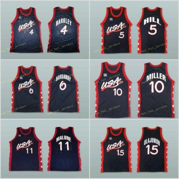 

dream three 1996 basketball jerseys karl 11 malone grant 5 hill reggie 10 miller jersey college navy blue white 13 o neal, Black