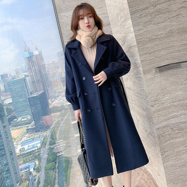 

fashion women's double-sided woolen coat for fall/winter 2020 new style elegant double-breasted mid-length woolen coat, Black