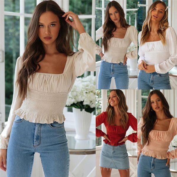 

fashion women cropped tee casual t shirts puff sleeve blouse slim fit long sleeves crop casual t shirt blouse, Gray