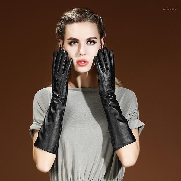 

real leather gloves female 50cm long touchscreen sheepskin plus velvet thicken warm arm sleeve woman' gloves black 041, Blue;gray