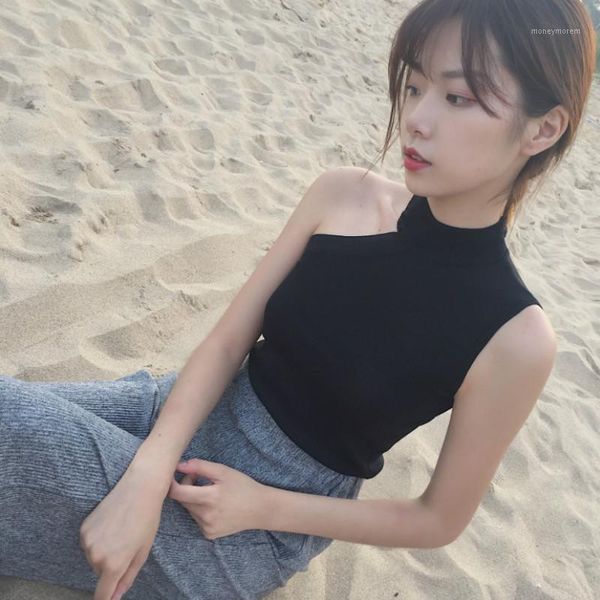

women's tanks & camis women halter neck off-shoulder knitted cropped tank female bodycon sleeveless basic solid t shirts tees camisole, White