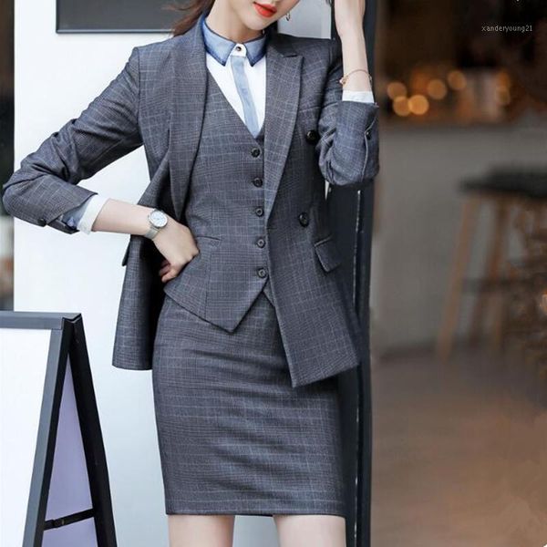 

two piece dress mini skirt suits women double breasted plaid blazer jacket vest waistcoat 3 set business formal work office ladies wear1, White