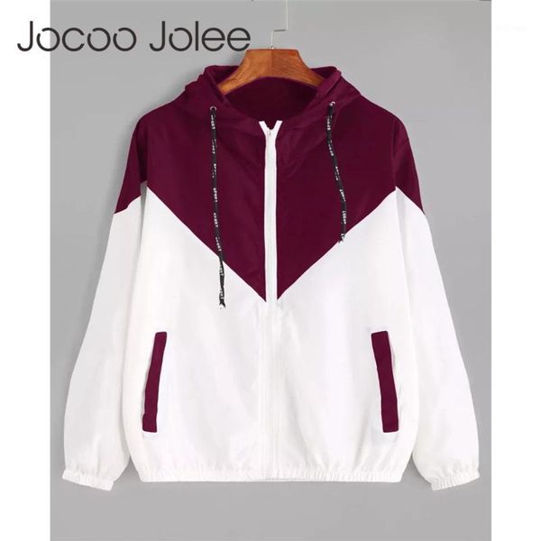 

jocoo jolee spring autumn fashion hooded two tone windbreaker jacket zipper pockets casual long sleeves feminino coats outwear1, Black;brown