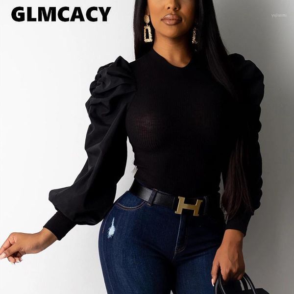 

women puff sleeve blouse shirt autumn o neck ruffles patchwork knitted shirt vintage casual blusas1, White