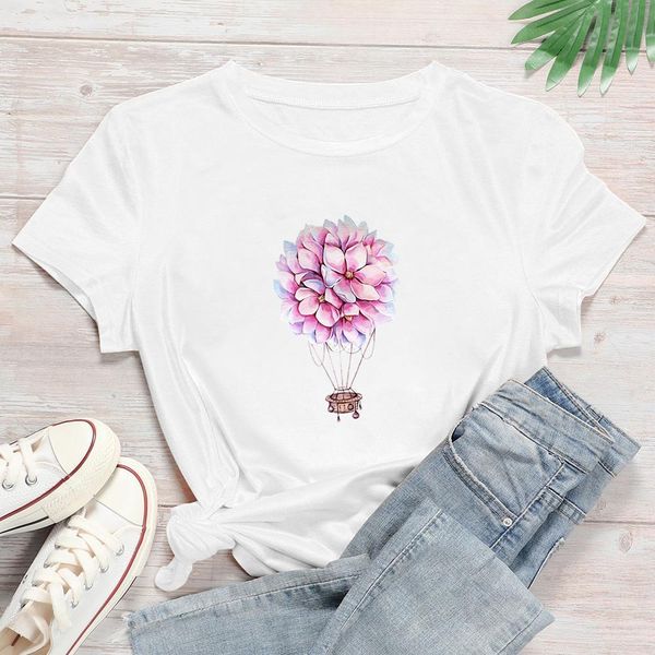 

harajuku t shirt pink flowers make up a air balloon graphic style new women t-shirt cartoon streetwear t shirt, White
