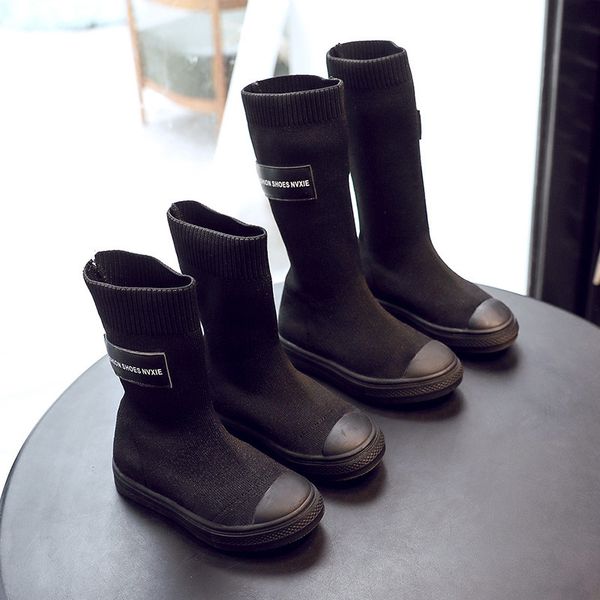 

toddler 2019 winter black children knee-high knited girls little sock boots kid outdoor shoes slip-on, Black;red