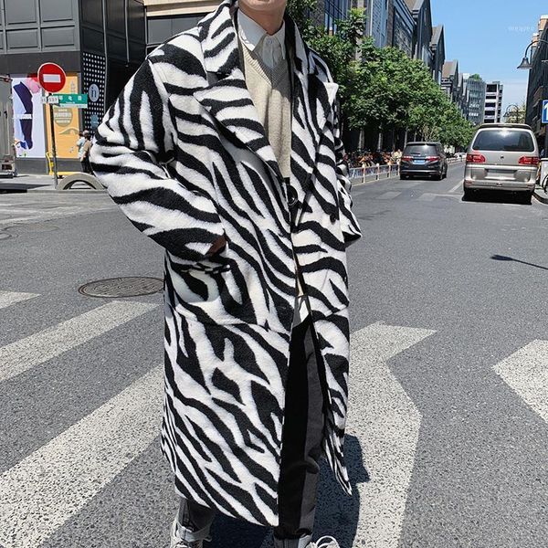 

2020 new men high street punk hip hop zebra woolen overcoat long trench coat autumn male streetwear fashion windbreaker jacket1, Black