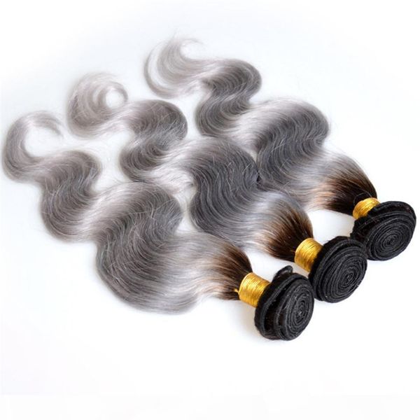 

ombre 1b gray two tone peruvian virgin grey human hair extensions weave body wave 3 hair bundles weaving, Black