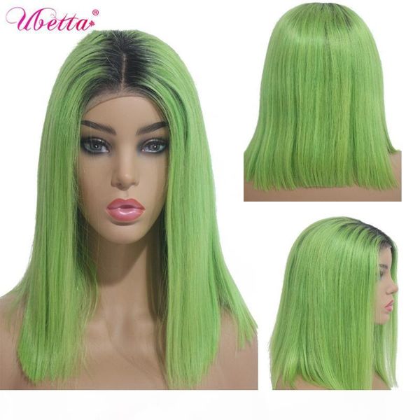 

ubetta 100% real hair wigs 1b-leaf light green medium short straight bob wig human hair virgin brazilian remy ombre colored wigs, Black;brown