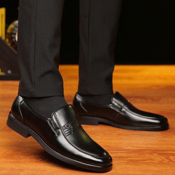 

classic leather shoes for man fashion slip on bussiness flats shoe men quality leather pointed toe wedding shoe male dress shoes, Black