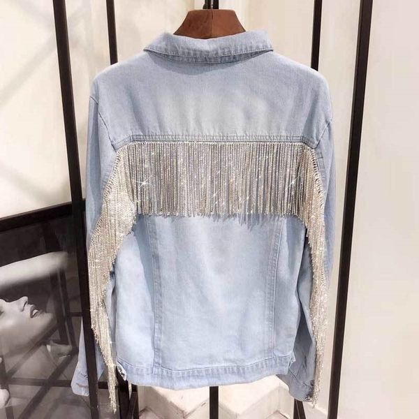 

boho inspired denim jacket women fashion coasts bling rhinestone chaines long sleeves blue vintage loose jacket women new 201017, Black;brown
