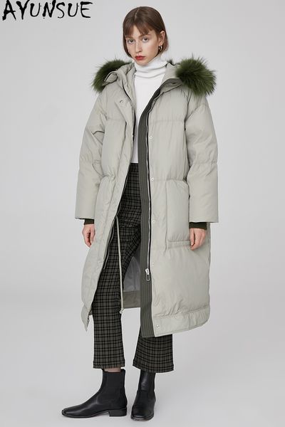 

ayunsue fashion women's down jacket raccoon fur collar hooded women coats female winter parkas ropa mujer zjt251, Black