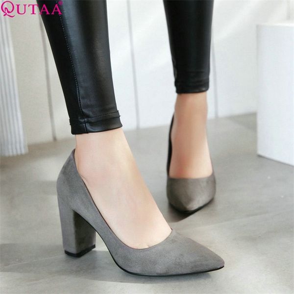 

qutaa 2020 women pumps flock fashion square high heel women shoes platform pointed toe elegant casual wedding shoes size 34-43 t200525, Black