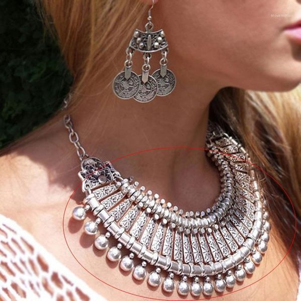 

Yumfeel Antique Bohemian Style Gypsy Love Affair Metal Flower Ball Long Pendant Statement Necklaces Boho Jewelry Choker1, Golden;silver