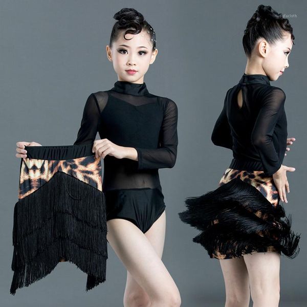 

2020 latin dance dress children costume performance suit girls black dress vestido baile latino mujer tassel dance skirt 34301, Black;red