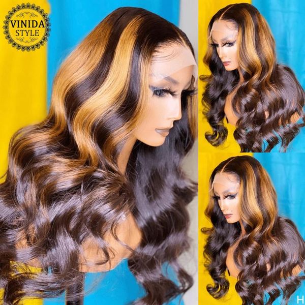 

vinida style highlight wave t-part lace front human hair wigs 150% density scalp closure wigs with baby hair non-remy, Black;brown