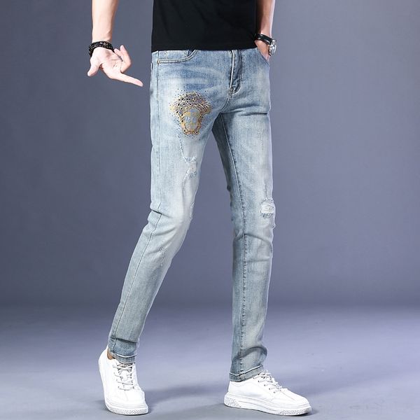 

мужские джинсы mei dusha отверстие пирсинг вышитые корейский стиль модный стрейч джинсы и jeansembroidered jeansslim подходят ноги размять м, Blue