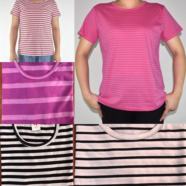 

middle aged and old people's beach women's cotton short sleeve striped t-shirt summer loose fit plus plus size women's t-shir, White