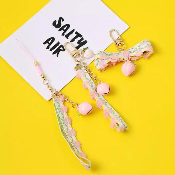 

new ins stereo pink peach bell key chain mobile phone lanyard airbods bag car pendant key chain couple gift ring, Silver