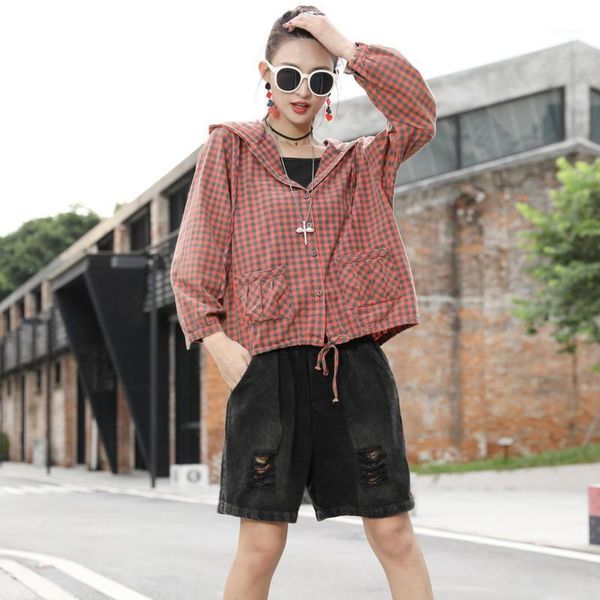 

loose plus size street casual jacket hooded women 2020 autumn new korean plaid waist cardigan women's long sleeve jacket1, Black;brown