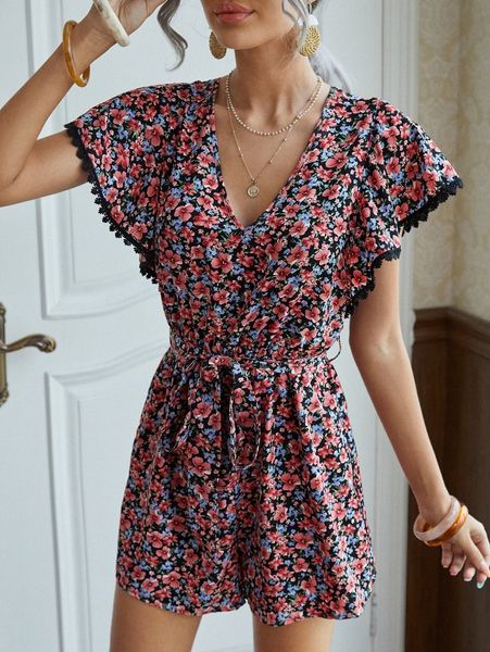 

allover floral flutter sleeve tie back belted romper i0qx#, White
