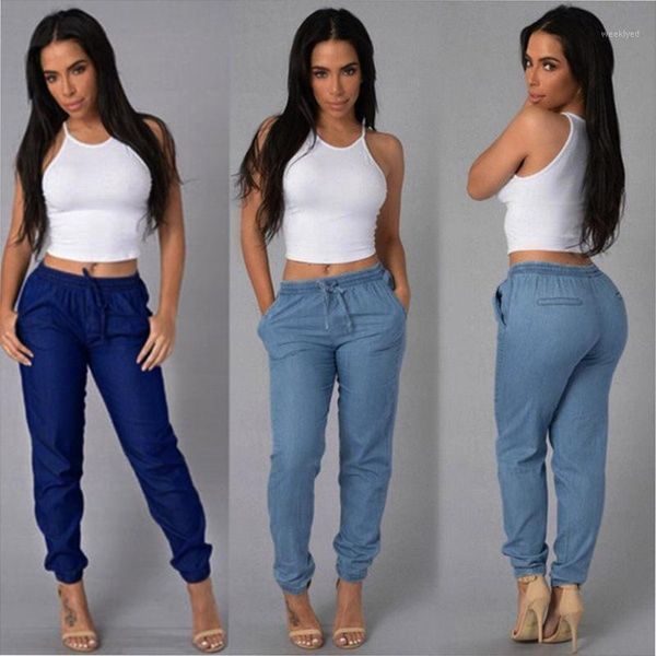 

womens elastic waist casual pants jeans for women with high waist push up large size casual blue denim pants jeans denim1