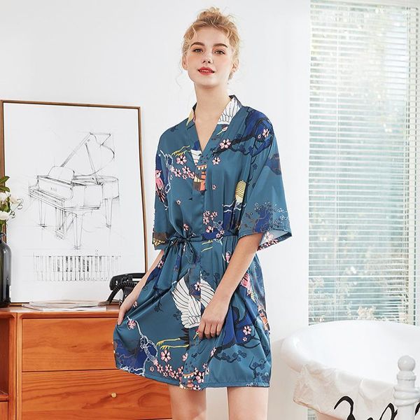 

women's sleepwear summer silk-like pajamas women's five-quarter sleeve nightgown large size home bathrobe bath robe womens robe1, Black;red