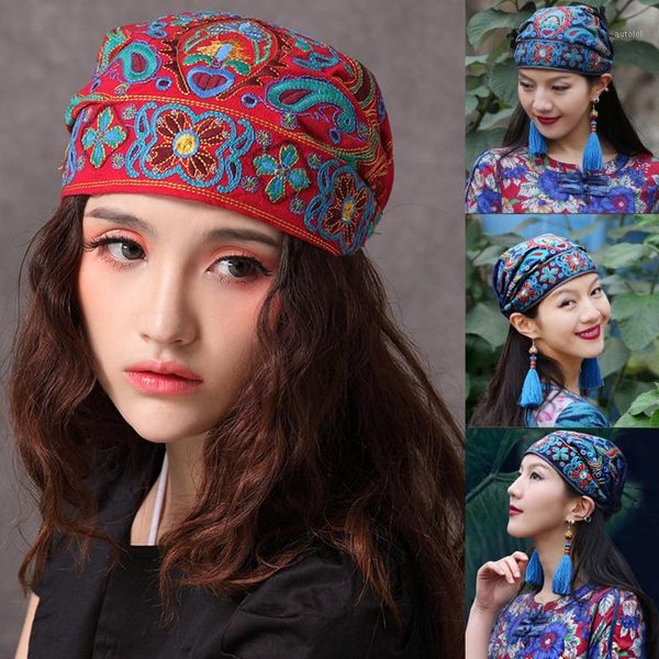 

2020 women mexico style flat cap ethnic vintage embroidery flowers bandanas red print hatwinter hats for women girl's fur hat1, Blue;gray