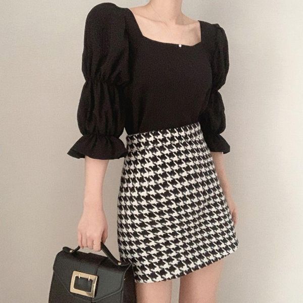 

vintage puff sleeve women blouse summer square neck solid color korean style female slim fashion blouse new1, White