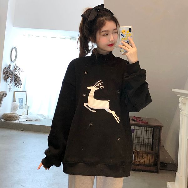 

white 2021 deer christmas sweaters plus velvet cumbersome new female bottom shirt half turtleneck inside 1 fnc4, Black