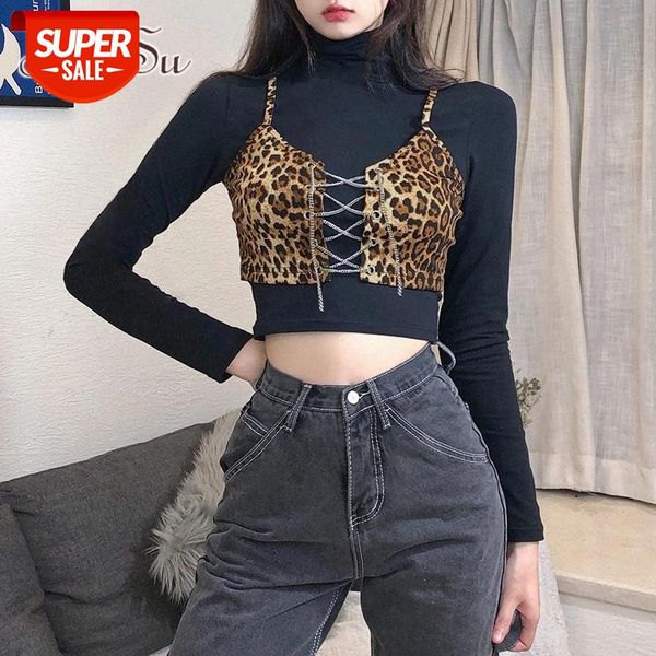 

artsu autumn patchwork leopard print women cross chain lace up e girl clothes turtleneck long sleeve woman tshirts ts52615 #fv8v, White