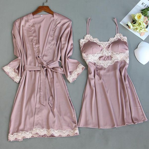 

lace bride bridesmaid wedding gown satin sleepwear summer kimono bathrobe gown for women 2pcs robe set large size nightgown1, Black;red
